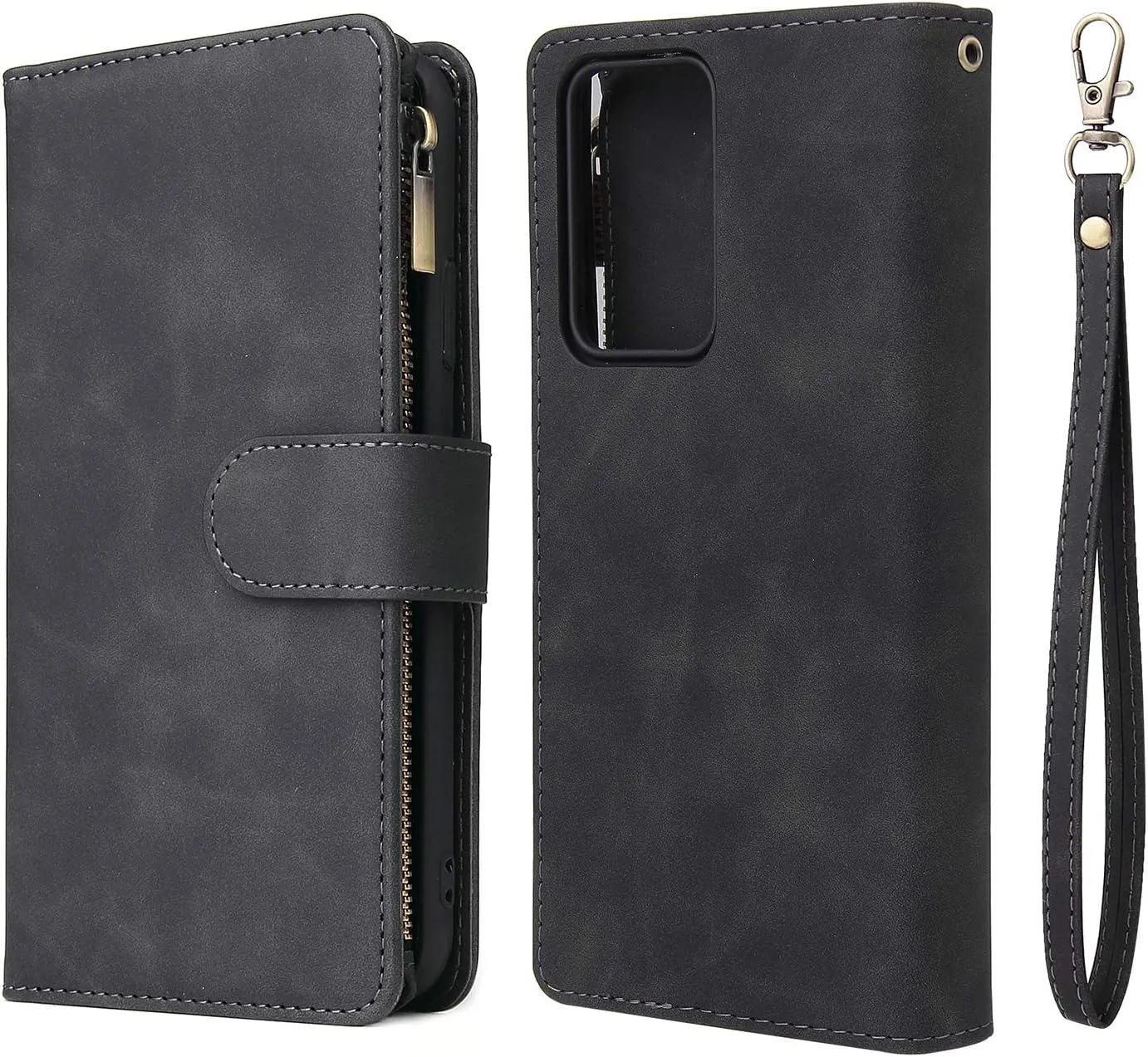 UEEBAI Wallet Case for Samsung Galaxy Note 20 5G, Premium Vintage PU Leather Magnetic Closure Handbag Zipper Pocket Case Kickstand Card Holder Slots with Wrist Strap TPU Shockproof Flip Cover - Black