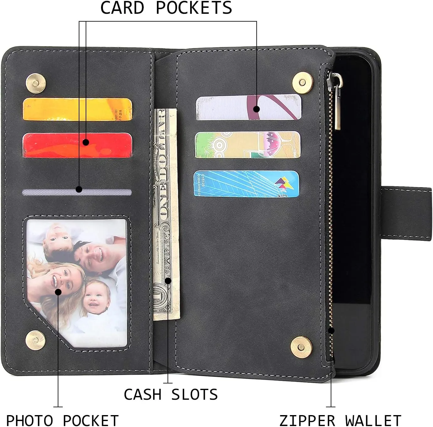 UEEBAI Wallet Case for Samsung Galaxy Note 20 5G, Premium Vintage PU Leather Magnetic Closure Handbag Zipper Pocket Case Kickstand Card Holder Slots with Wrist Strap TPU Shockproof Flip Cover - Black