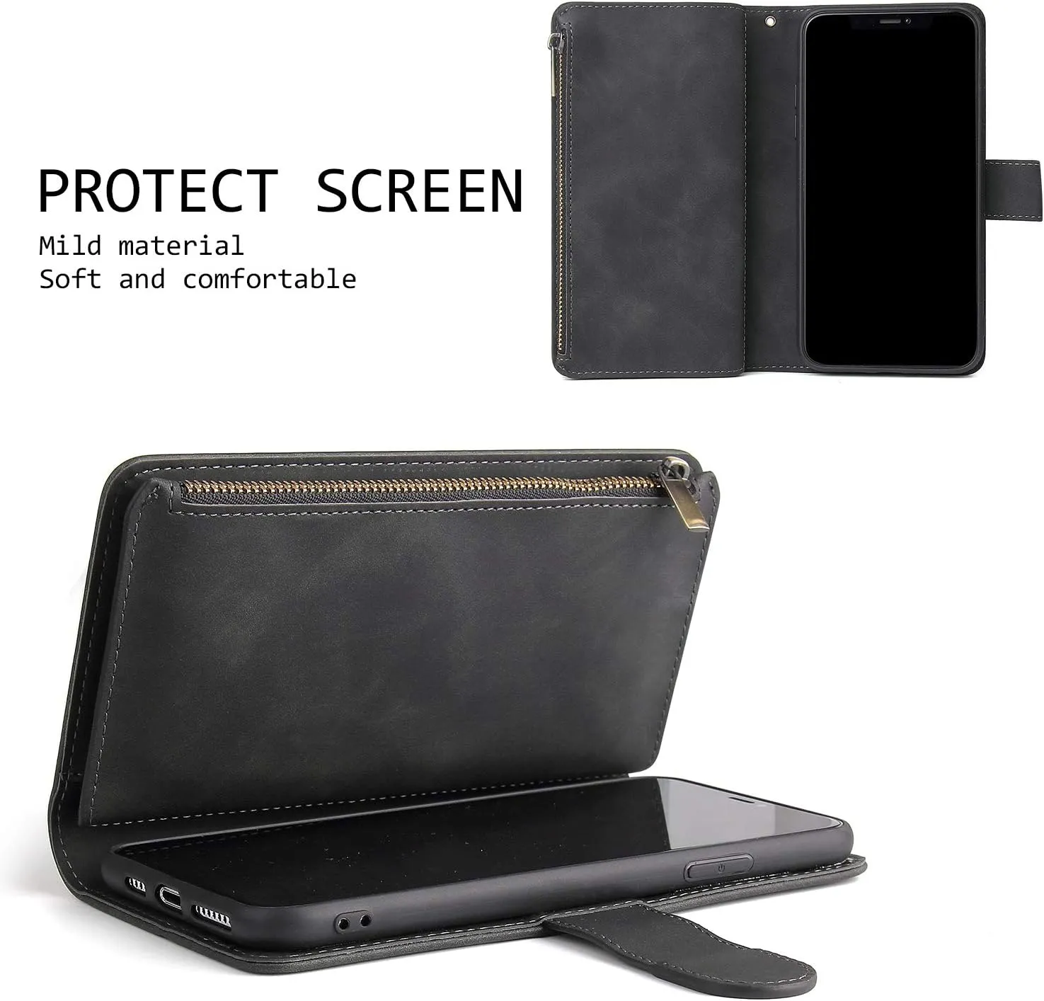 UEEBAI Wallet Case for Samsung Galaxy Note 20 5G, Premium Vintage PU Leather Magnetic Closure Handbag Zipper Pocket Case Kickstand Card Holder Slots with Wrist Strap TPU Shockproof Flip Cover - Black