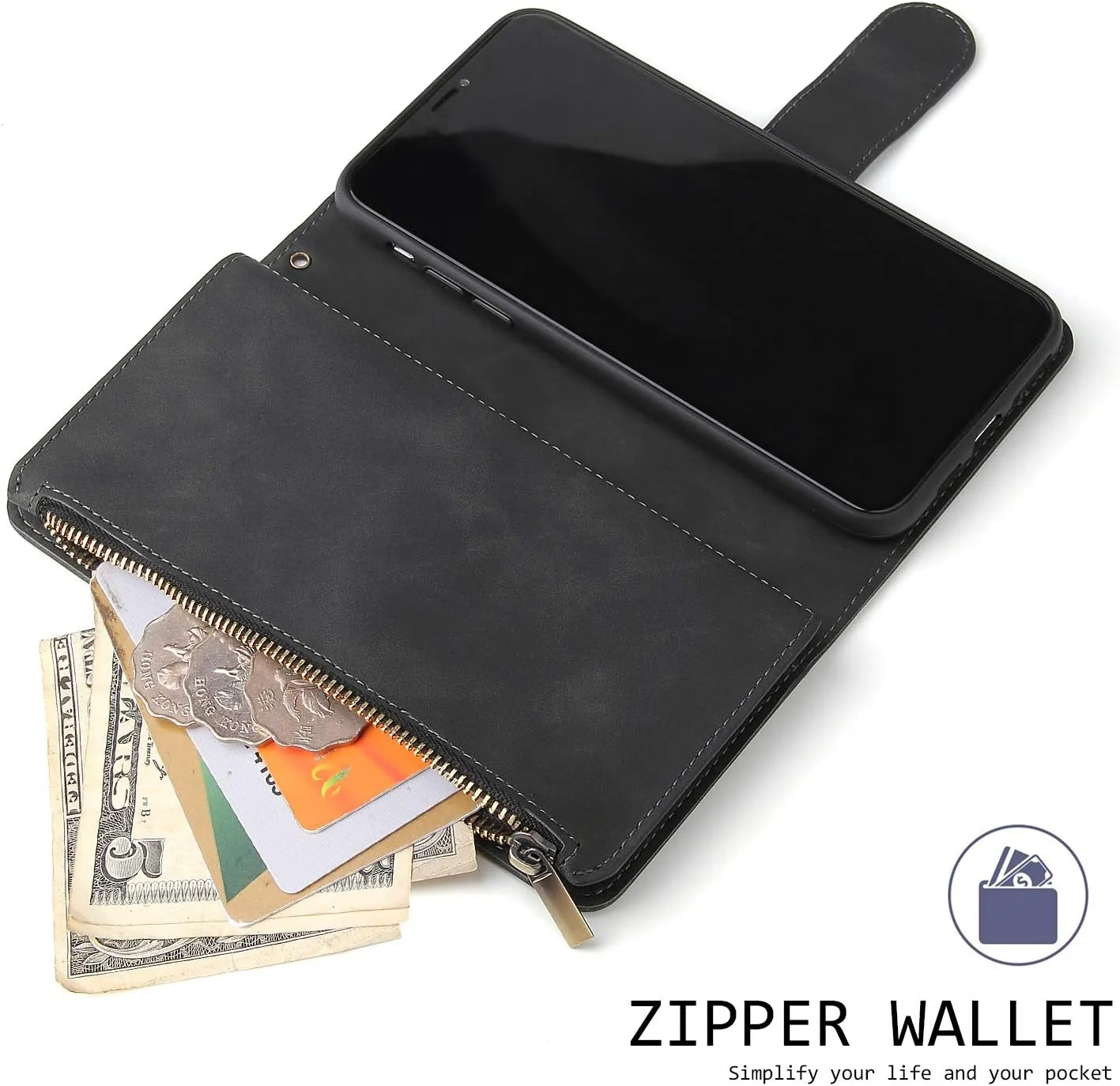 UEEBAI Wallet Case for Samsung Galaxy Note 20 5G, Premium Vintage PU Leather Magnetic Closure Handbag Zipper Pocket Case Kickstand Card Holder Slots with Wrist Strap TPU Shockproof Flip Cover - Black