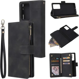 UEEBAI Wallet Case for Samsung Galaxy Note 20 5G, Premium Vintage PU Leather Magnetic Closure Handbag Zipper Pocket Case Kickstand Card Holder Slots with Wrist Strap TPU Shockproof Flip Cover - Black