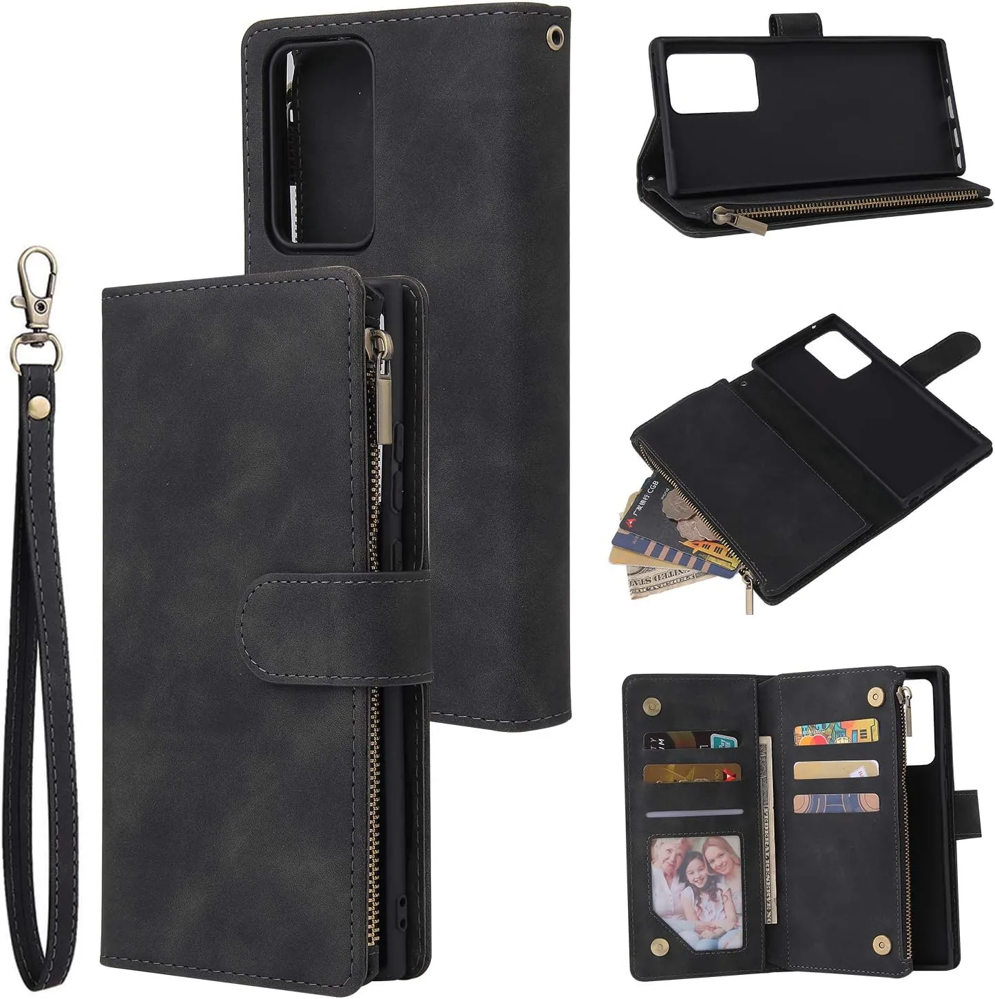 UEEBAI Wallet Case for Samsung Galaxy Note 20 5G, Premium Vintage PU Leather Magnetic Closure Handbag Zipper Pocket Case Kickstand Card Holder Slots with Wrist Strap TPU Shockproof Flip Cover - Black