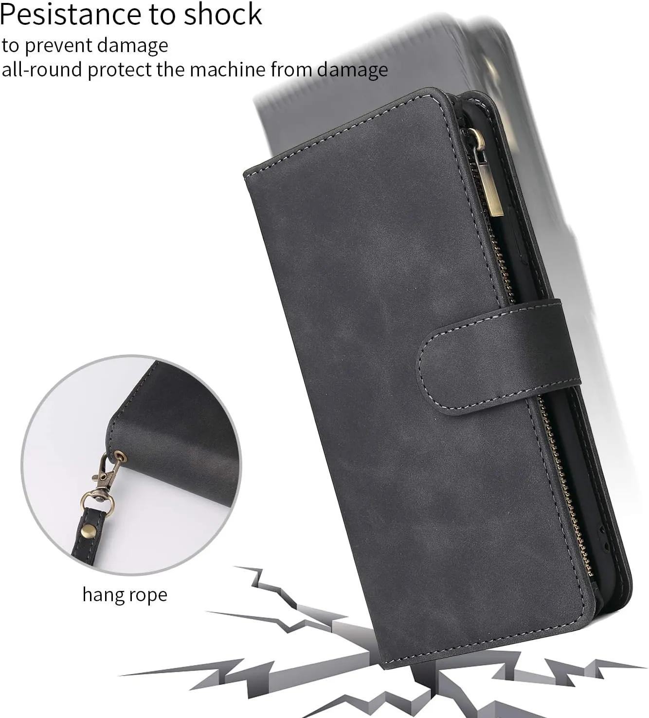 UEEBAI Wallet Case for Samsung Galaxy Note 20 5G, Premium Vintage PU Leather Magnetic Closure Handbag Zipper Pocket Case Kickstand Card Holder Slots with Wrist Strap TPU Shockproof Flip Cover - Black