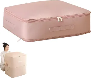Ultra Space Saving Self Compression Organizer,Heavy Duty Comforter Storage Bag,Storage Tote for Space Saving,Self Compression Organizer Bags for Comforters,Clothes,Blankets (Pink, L (54 * 42 * 30CM))