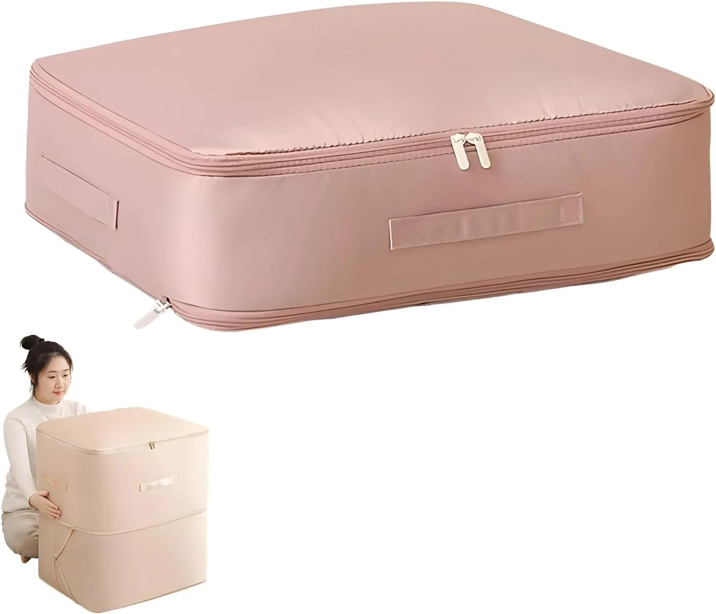 Ultra Space Saving Self Compression Organizer,Heavy Duty Comforter Storage Bag,Storage Tote for Space Saving,Self Compression Organizer Bags for Comforters,Clothes,Blankets (Pink, L (54 * 42 * 30CM))