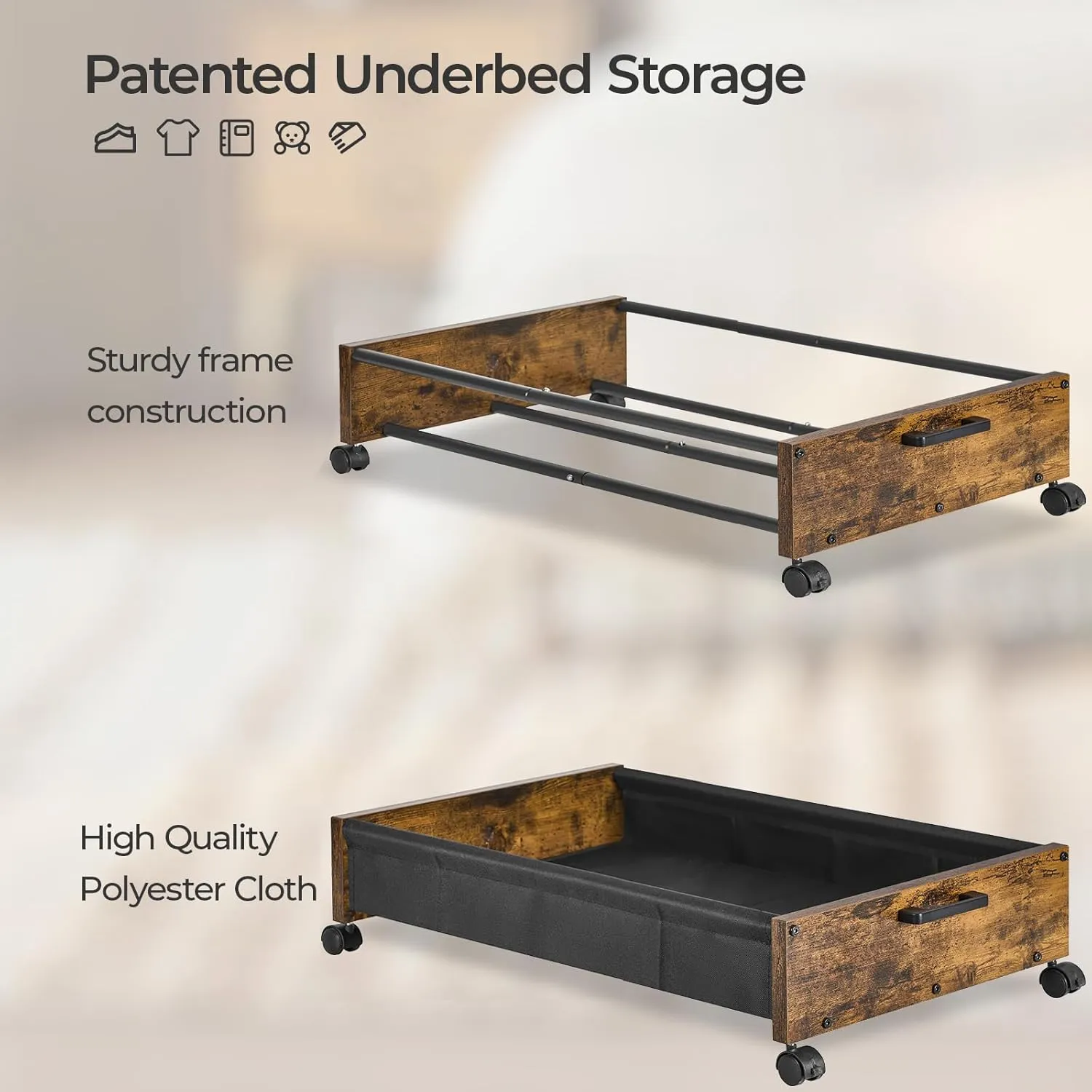 Under Bed Storage Longer Size, UnderBed Storage with Wheels, Under Bed Drawers, Metal Frame, for Clothes Books Blankets Toys Organizer, Patented Design, 2 Packs