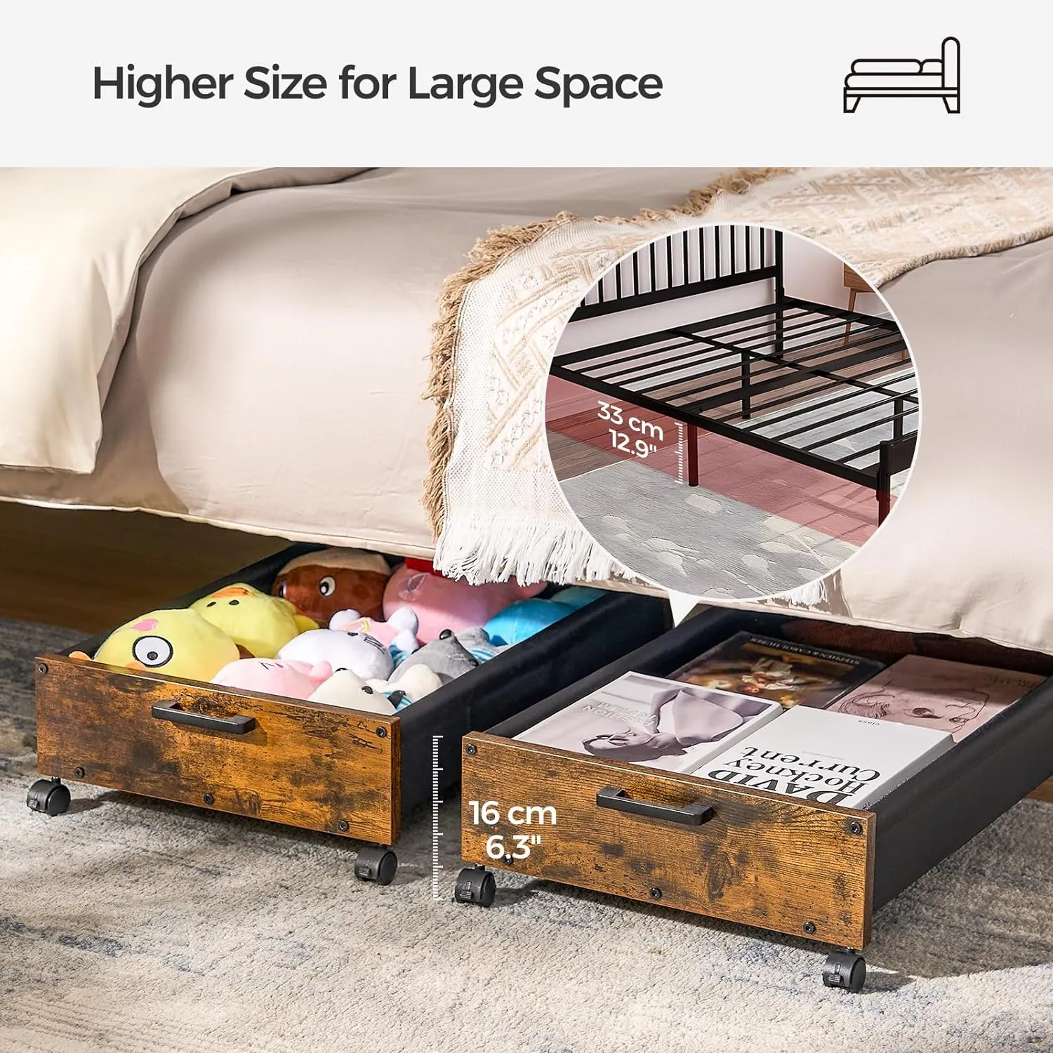 Under Bed Storage Longer Size, UnderBed Storage with Wheels, Under Bed Drawers, Metal Frame, for Clothes Books Blankets Toys Organizer, Patented Design, 2 Packs