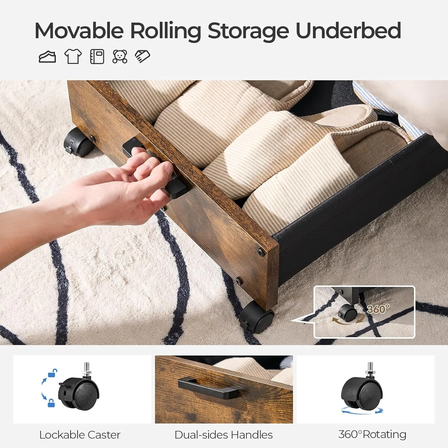 Under Bed Storage Longer Size, UnderBed Storage with Wheels, Under Bed Drawers, Metal Frame, for Clothes Books Blankets Toys Organizer, Patented Design, 2 Packs