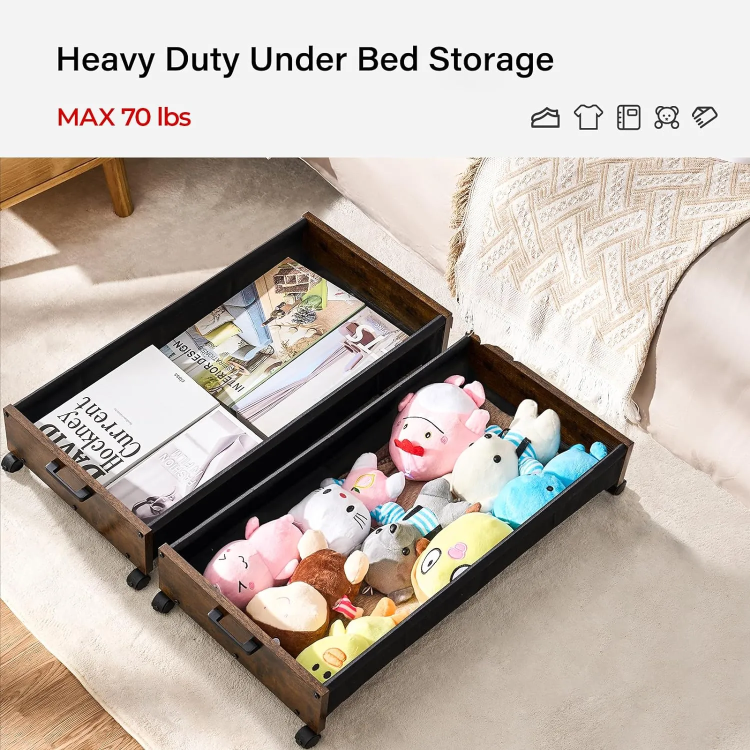 Under Bed Storage Longer Size, UnderBed Storage with Wheels, Under Bed Drawers, Metal Frame, for Clothes Books Blankets Toys Organizer, Patented Design, 2 Packs