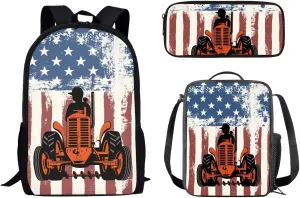 UNICEU American Flag Tractor Vehicle Kids School Backpack Set with Thermal Lunch Bag and Pencil Case, 3 in 1 Boys Girls Elementary Primary School Bags