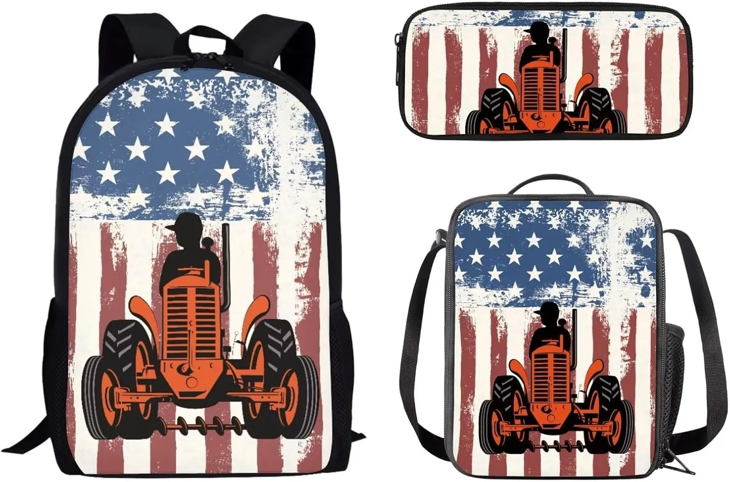 UNICEU American Flag Tractor Vehicle Kids School Backpack Set with Thermal Lunch Bag and Pencil Case, 3 in 1 Boys Girls Elementary Primary School Bags