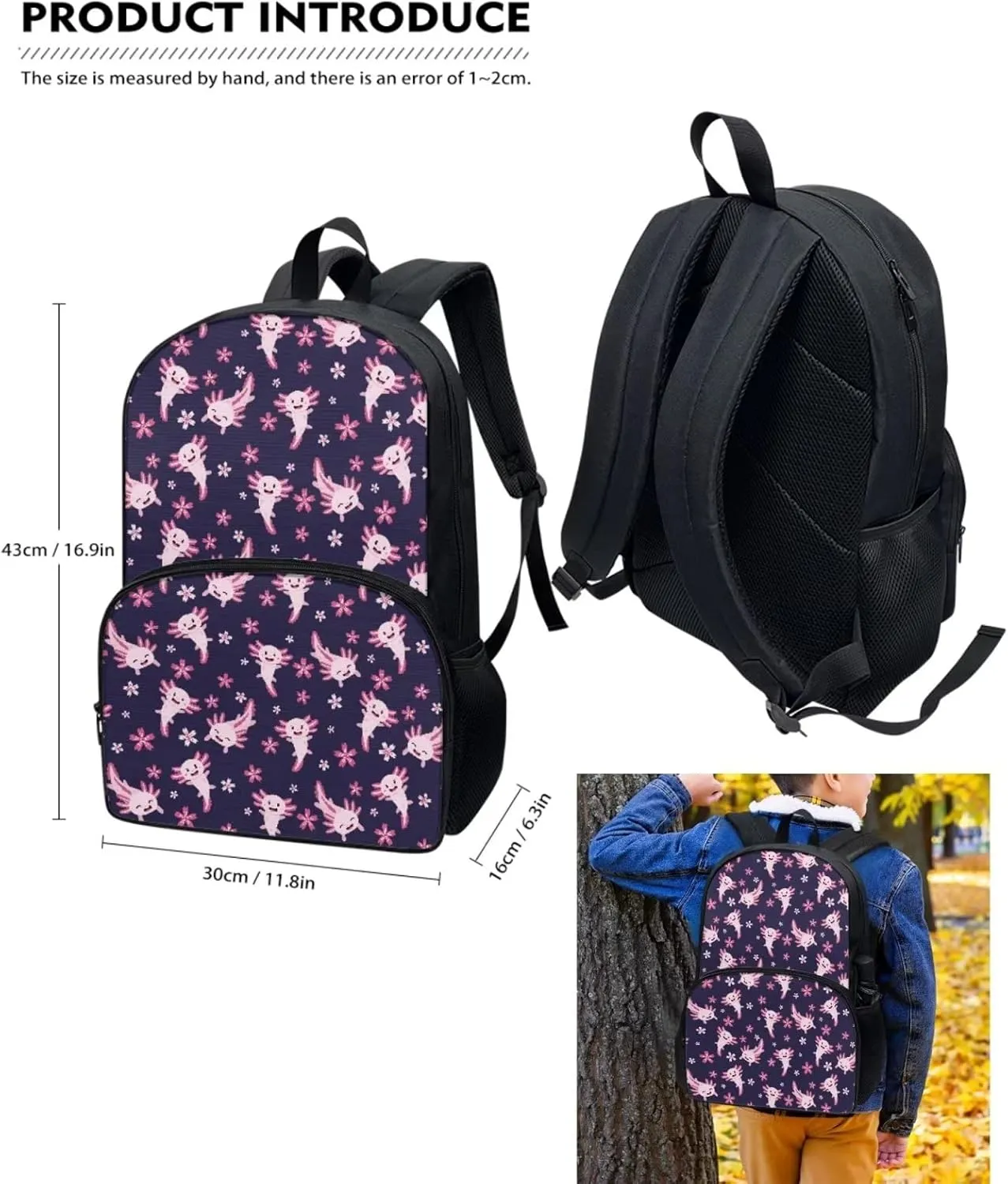 UNICEU Cartoon Baby Axolotl Kids School Backpack Set Girls Schoolbag Elementary Preschool Daypack for Teen Boys with Thermal Lunch Handbag  Water Bottle Sleeve, 3 in 1