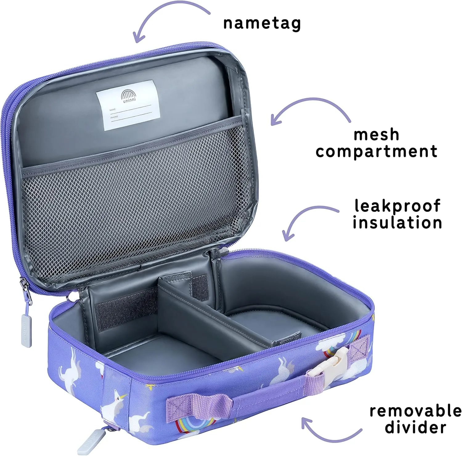 Unicorn Insulated Lunch box for Kids - Age 3  with Leak-Resistant Storage, Mesh Pocket, Removable Divider for Snacks, Sandwiches and Drinks, BPA-Free Food-Grade cute girls lunch box