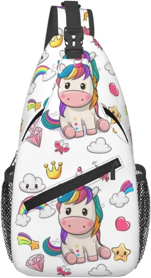 Unicorns Rainbow Diamond Crown Cloud Meteor Sling Bag Casual Crossbody Bag Sports Shoulder Backpack Travel Chest Pack Cycling Cross Bags Gym Hiking Daypack