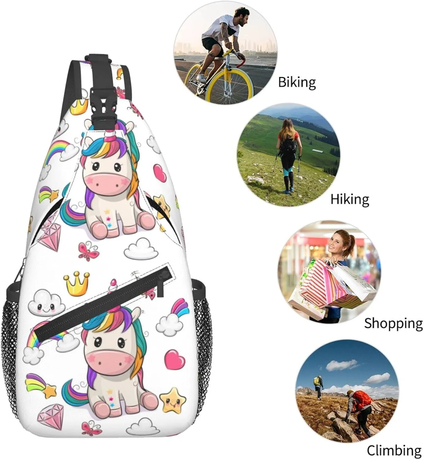 Unicorns Rainbow Diamond Crown Cloud Meteor Sling Bag Casual Crossbody Bag Sports Shoulder Backpack Travel Chest Pack Cycling Cross Bags Gym Hiking Daypack