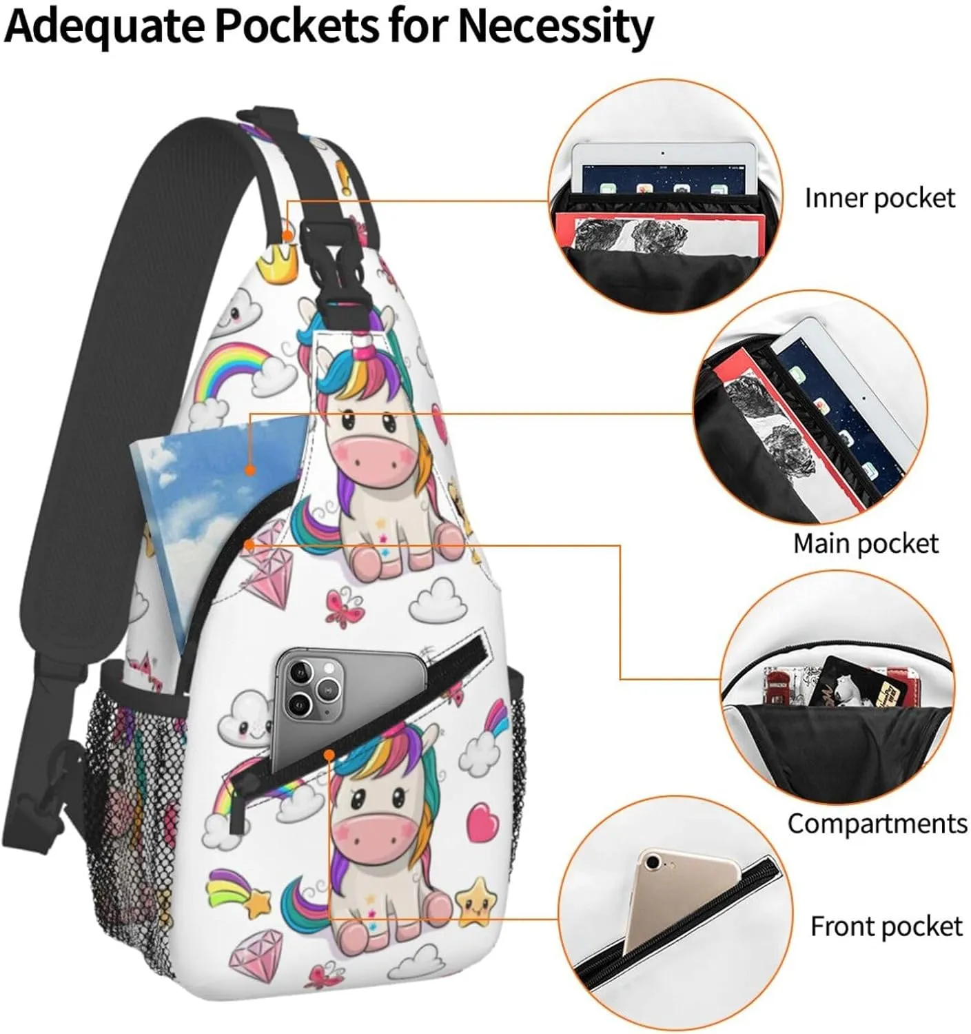 Unicorns Rainbow Diamond Crown Cloud Meteor Sling Bag Casual Crossbody Bag Sports Shoulder Backpack Travel Chest Pack Cycling Cross Bags Gym Hiking Daypack
