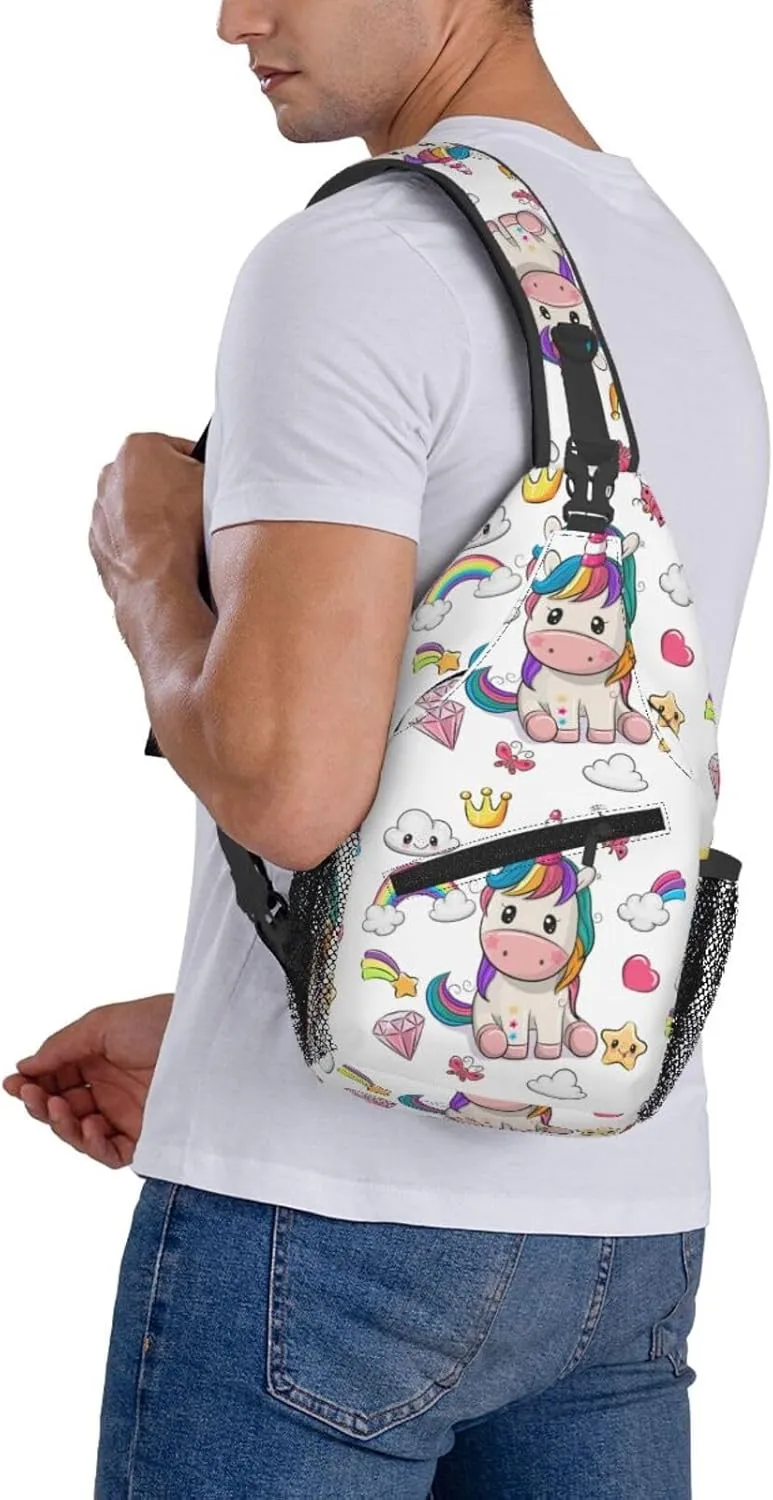 Unicorns Rainbow Diamond Crown Cloud Meteor Sling Bag Casual Crossbody Bag Sports Shoulder Backpack Travel Chest Pack Cycling Cross Bags Gym Hiking Daypack