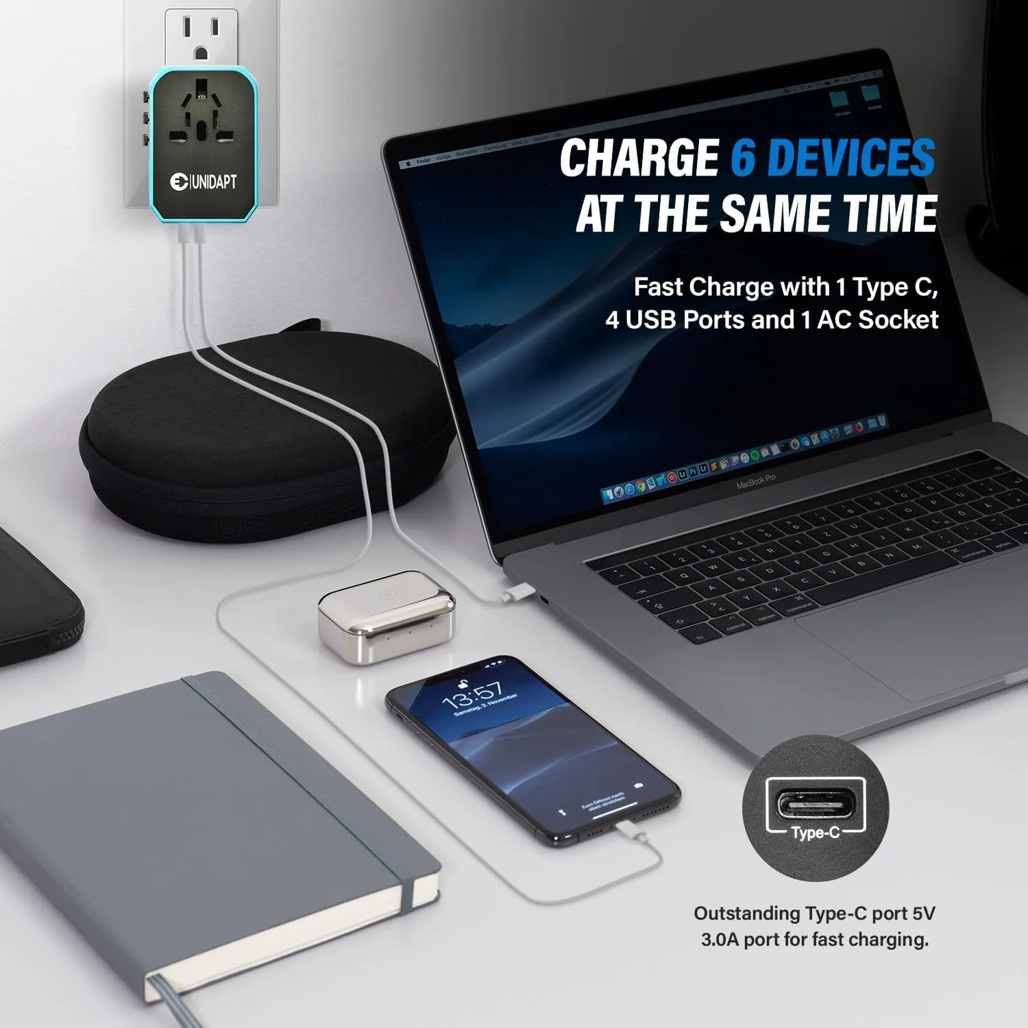 Unidapt Universal Travel Adapter, European Travel Plug Adapter - International Power Adapter Worldwide Charger with USB-C & 4 USB Ports, Travel Essentials for Italy, Japan, Europe, UK (UA-101, Blue)