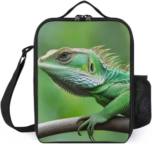 Unisex Lunch Bag for Men, Large Insulated Lunchbox Meal Bag with Shoulder Strap Green Bearded Dragon Lizards Climbing The Tree Thermal Tote Bags for Office Work