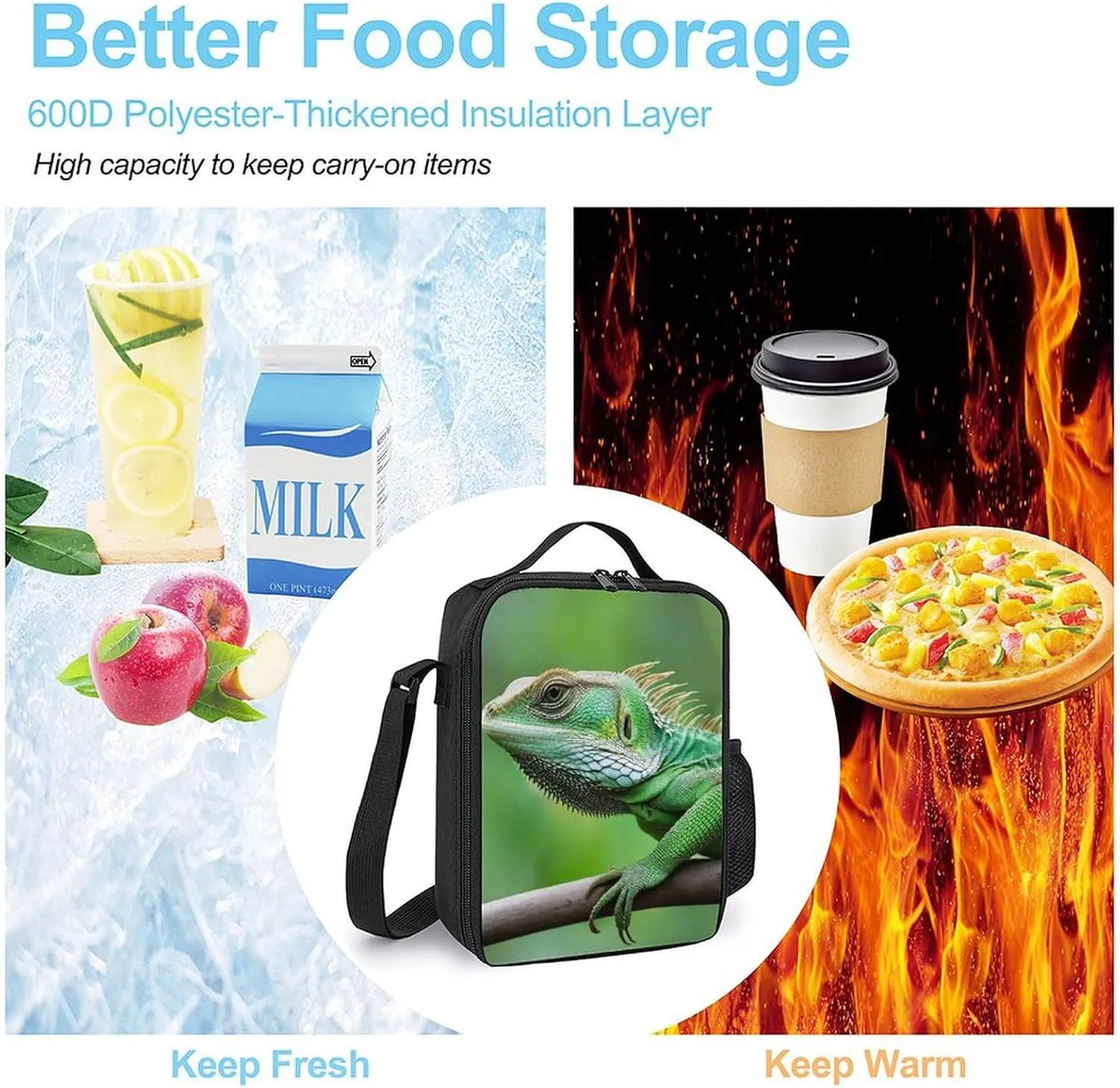 Unisex Lunch Bag for Men, Large Insulated Lunchbox Meal Bag with Shoulder Strap Green Bearded Dragon Lizards Climbing The Tree Thermal Tote Bags for Office Work