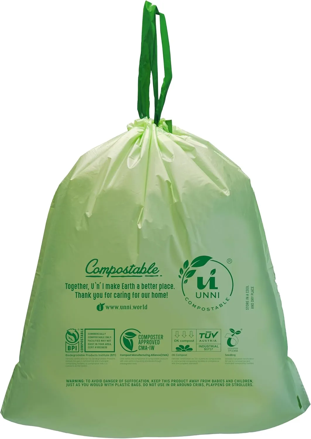 UNNI Compostable Drawstring Bags, 2.6-3.2 Gallon, 10-12 Liter, 60 Count, Heavy Duty 1 Mil, Small Food Scrap Waste Bags with Drawstring Handle, ASTM D6400, US BPI, CMA & Europe OK Compost Certified