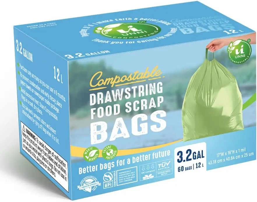 UNNI Compostable Drawstring Bags, 2.6-3.2 Gallon, 10-12 Liter, 60 Count, Heavy Duty 1 Mil, Small Food Scrap Waste Bags with Drawstring Handle, ASTM D6400, US BPI, CMA & Europe OK Compost Certified