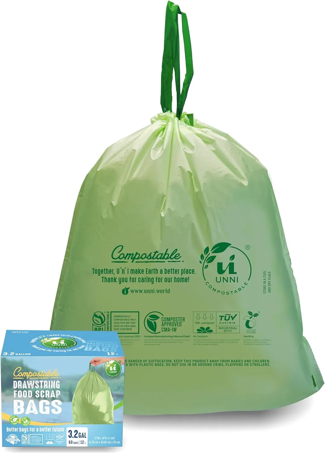 UNNI Compostable Drawstring Bags, 2.6-3.2 Gallon, 10-12 Liter, 60 Count, Heavy Duty 1 Mil, Small Food Scrap Waste Bags with Drawstring Handle, ASTM D6400, US BPI, CMA & Europe OK Compost Certified