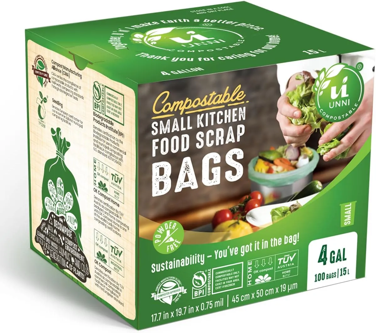 UNNI Compostable Liner Bags, 4 Gallon, 15 Liter, 200 Count, 0.75 Mil Extra Thick, Food Scrap Bags for Small Bins, ASTM D6400, US BPI, CMA and Europe OK compost HOME Certified, San Francisco