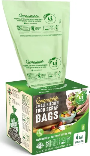 UNNI Compostable Liner Bags, 4 Gallon, 15 Liter, 200 Count, 0.75 Mil Extra Thick, Food Scrap Bags for Small Bins, ASTM D6400, US BPI, CMA and Europe OK compost HOME Certified, San Francisco