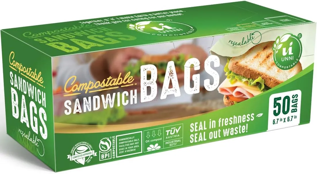 UNNI Compostable Sandwich Bags, Resealable Compostable Food Storage Bags, 200 Count, 6.5 x 6.7 inches, Earth Friendly Highest ASTM D6400, US BPI, CMA & Europe OK Compost Certified, San Francisco