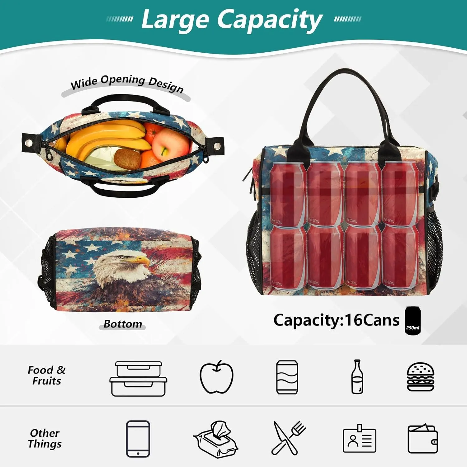 Us Flag Hawk Beige Lunch Bag for Women Insulated Large Lunch Tote Bag with Adjustable Shoulder Strap for Adult S