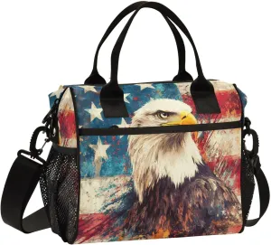 Us Flag Hawk Beige Lunch Bag for Women Insulated Large Lunch Tote Bag with Adjustable Shoulder Strap for Adult S