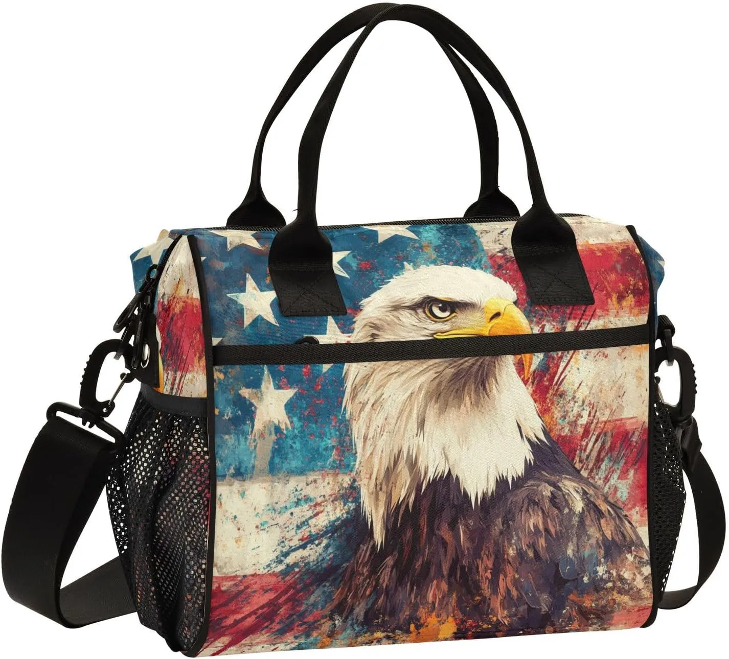 Us Flag Hawk Beige Lunch Bag for Women Insulated Large Lunch Tote Bag with Adjustable Shoulder Strap for Adult S
