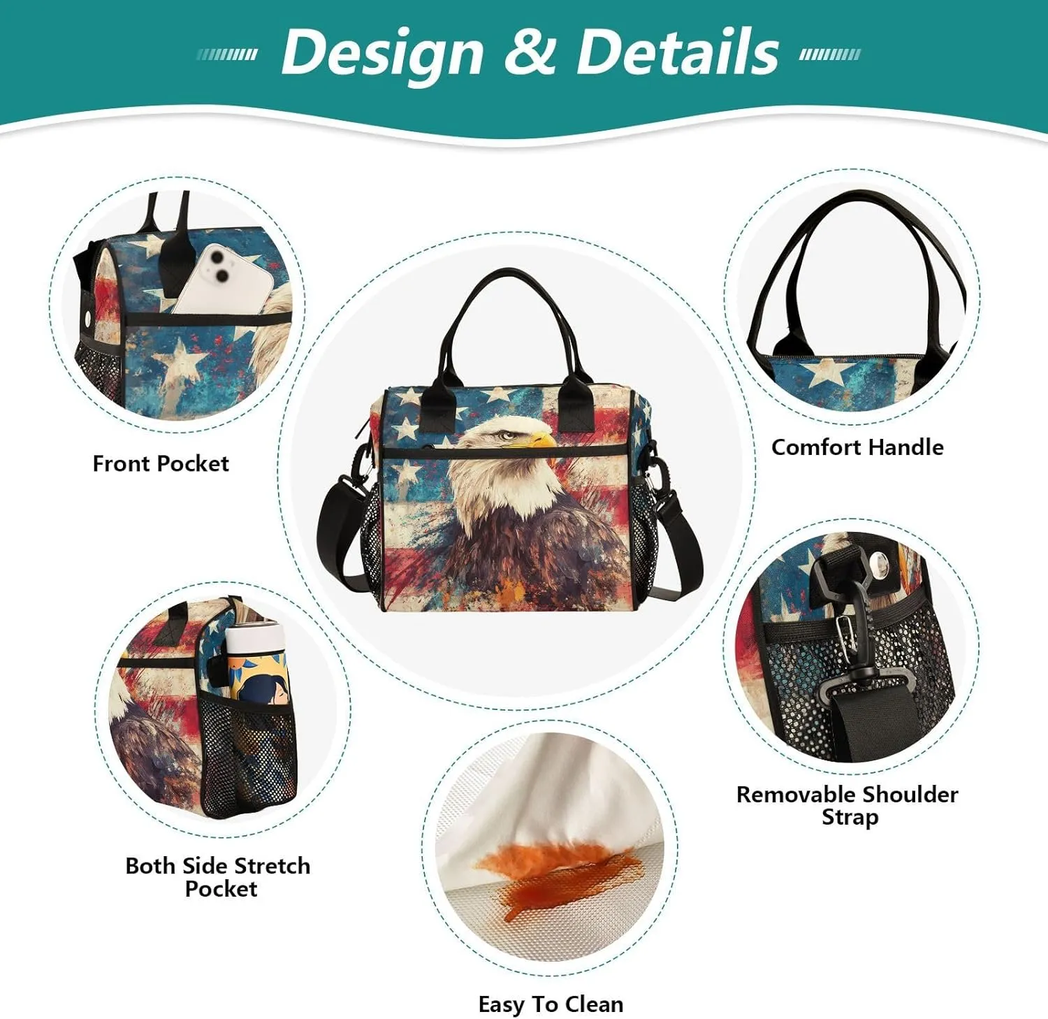 Us Flag Hawk Beige Lunch Bag for Women Insulated Large Lunch Tote Bag with Adjustable Shoulder Strap for Adult S