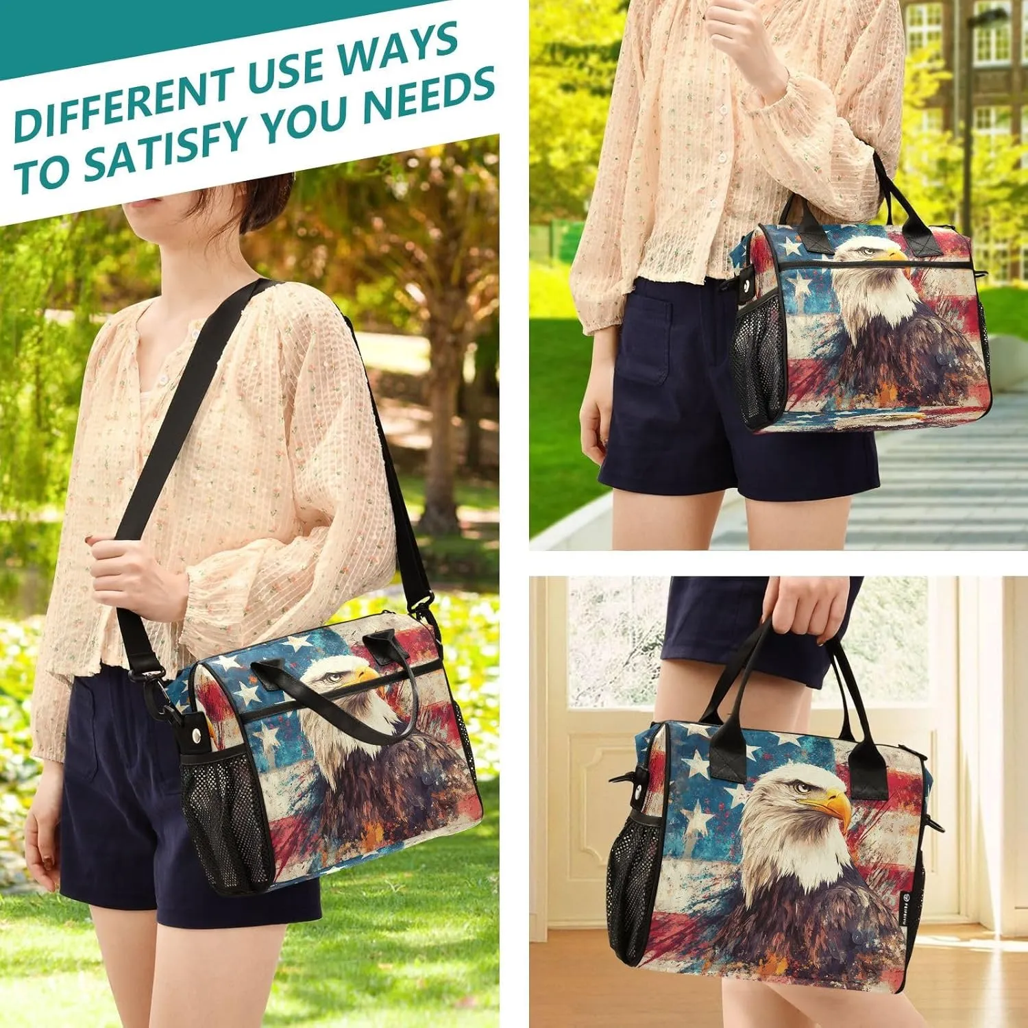 Us Flag Hawk Beige Lunch Bag for Women Insulated Large Lunch Tote Bag with Adjustable Shoulder Strap for Adult S