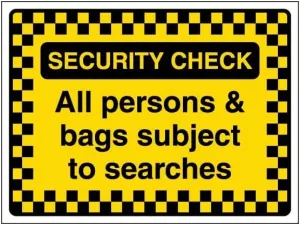 V Safety Security Check - All Persons & Bags Subject To Searches - Pattern Border 400 x 300 mm - Glow In The Dark Self Adhesive Vinyl Safety Sign
