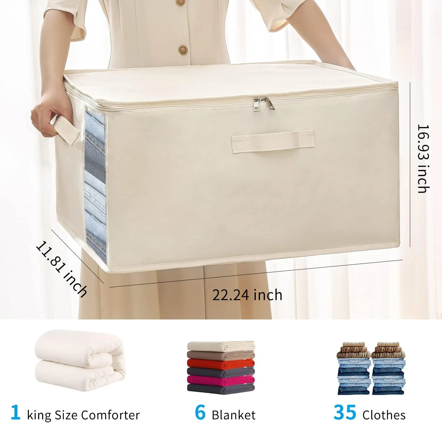 Vailando Large Canvas Comforter Storage Bags Closet Organizer for Clothes Sweater Clothes Organizer with Dual Zipper Three Carrying Handles for Blanket Closet Storage Container 1 Pack