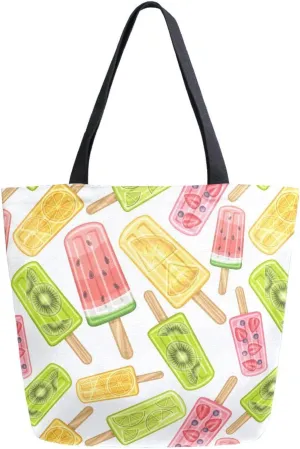 Various Juicy Fruit Popsicle Summer Canvas Tote Bag for Women with Zipper Pocket Reusable Grocery Shopping Bags Large Travel Shoulder Bag Handbag Bags