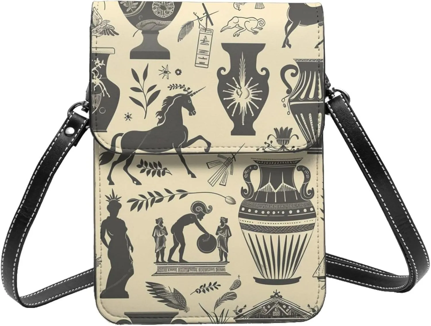 vases statues and horses ancient Greek art beige Leather Small Crossbody Bags for Women Cell Phone Bag Wallet Purses with Adjustable Strap