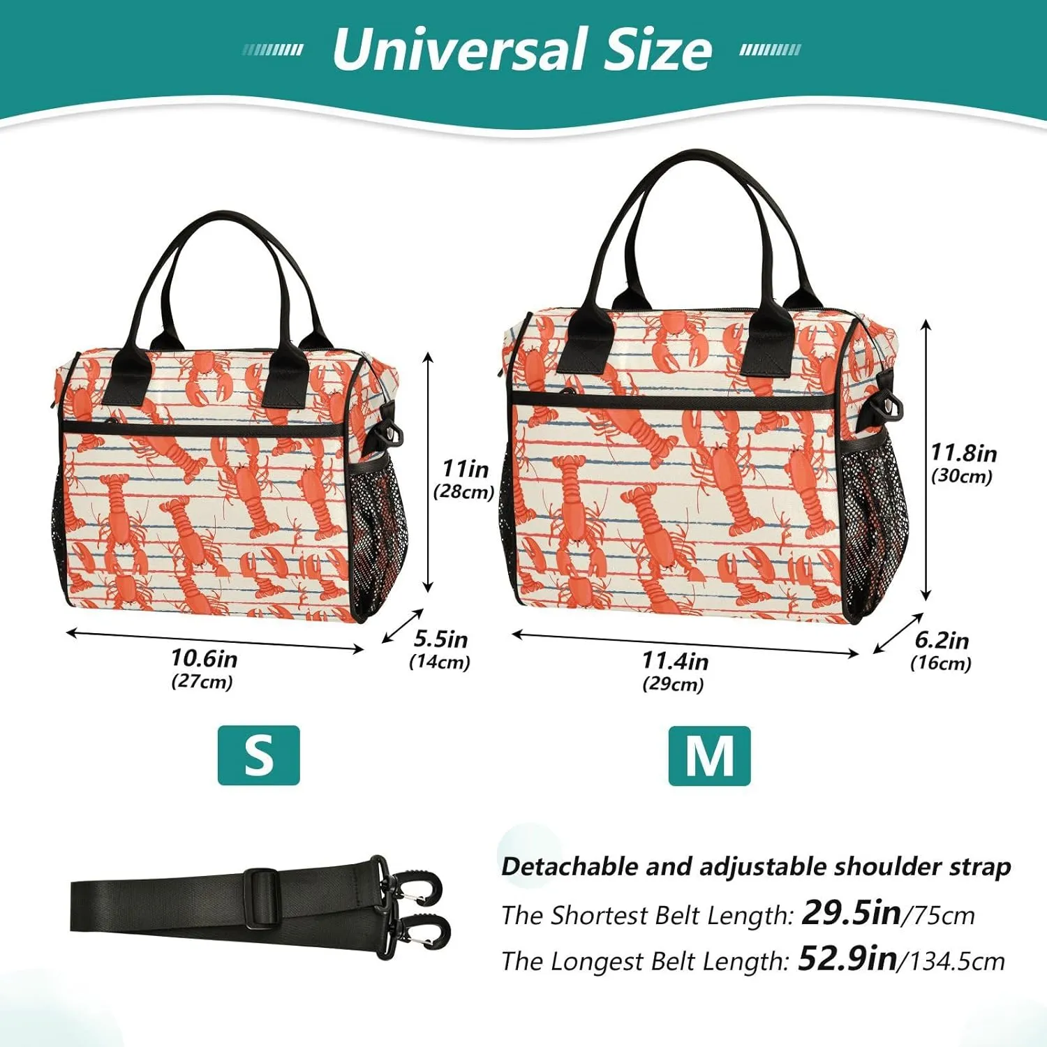 Vdsrup Seafood Lobster Lunch Bag for Men Women Lunch Box Tote for Work, Retro Lunchbox Cooler for Kids with Shoulder Strap & Side Pocket for Picnic Hiking Outdoor M