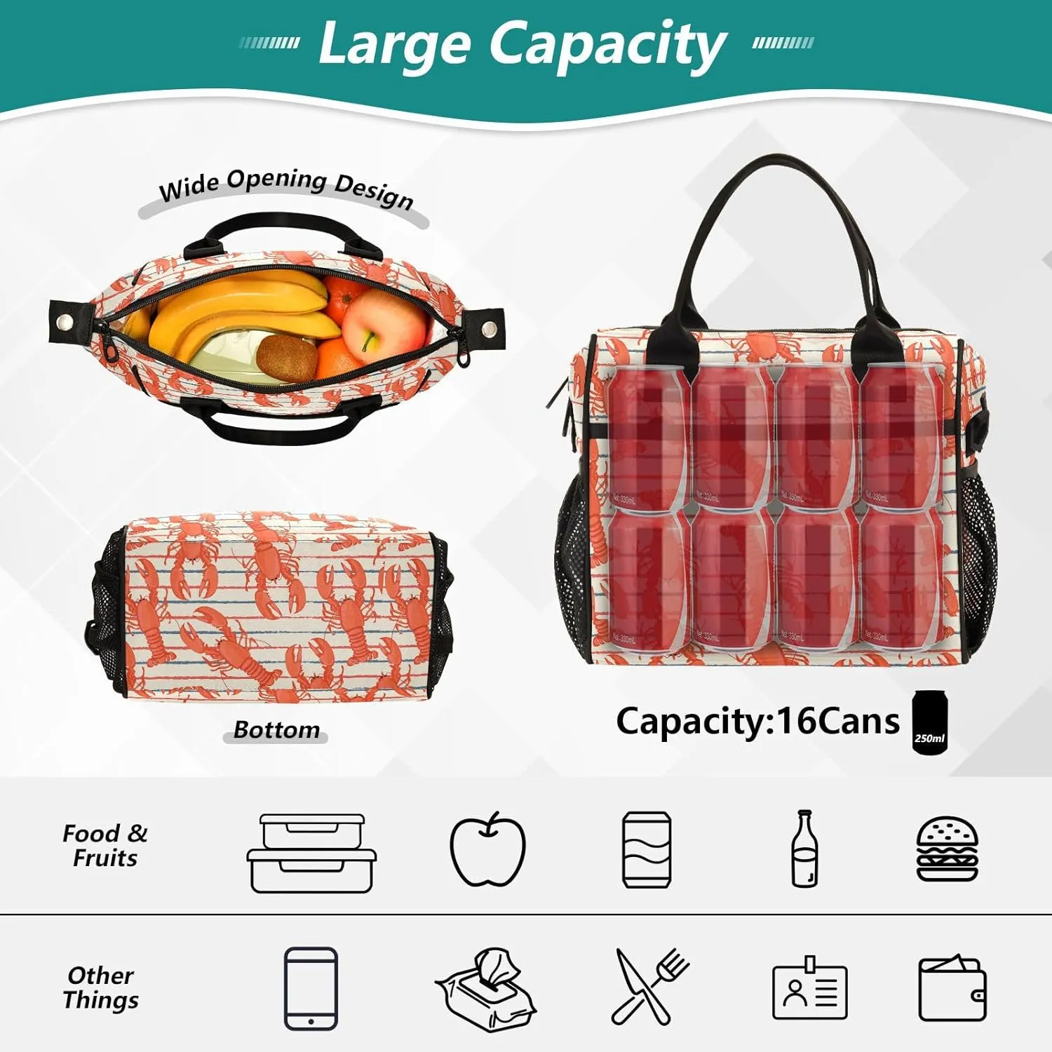 Vdsrup Seafood Lobster Lunch Bag for Men Women Lunch Box Tote for Work, Retro Lunchbox Cooler for Kids with Shoulder Strap & Side Pocket for Picnic Hiking Outdoor M