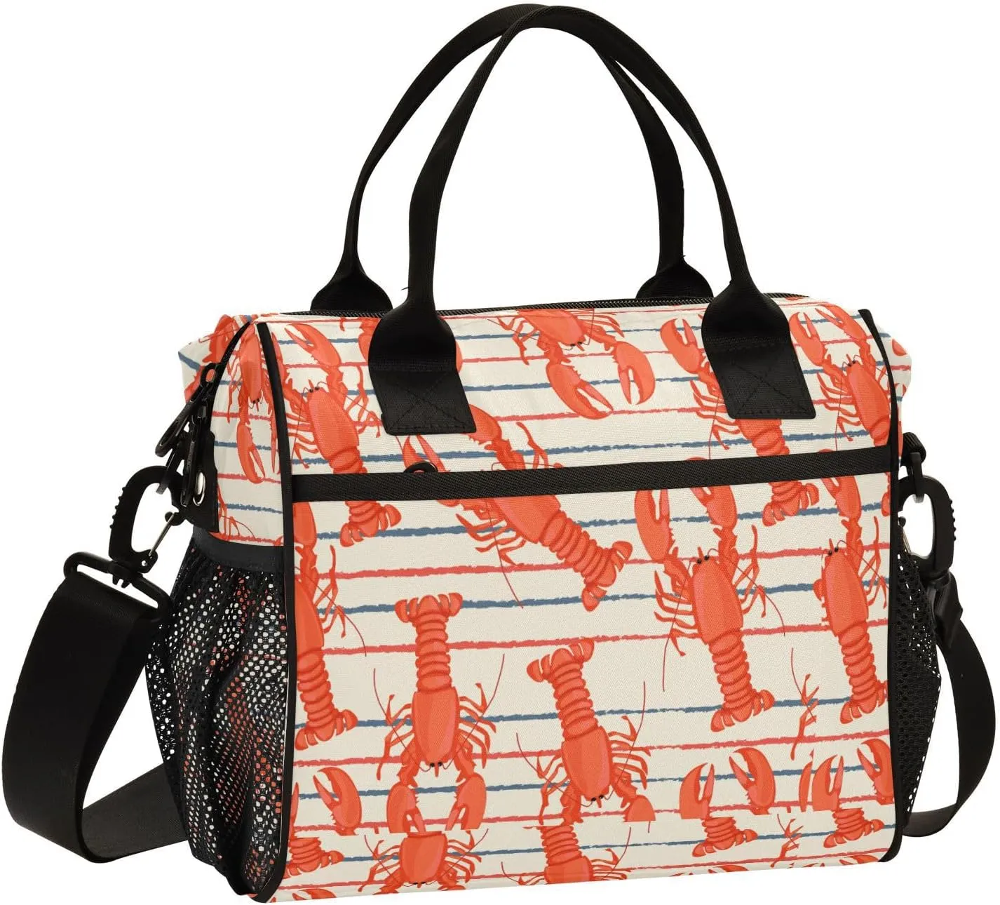 Vdsrup Seafood Lobster Lunch Bag for Men Women Lunch Box Tote for Work, Retro Lunchbox Cooler for Kids with Shoulder Strap & Side Pocket for Picnic Hiking Outdoor M