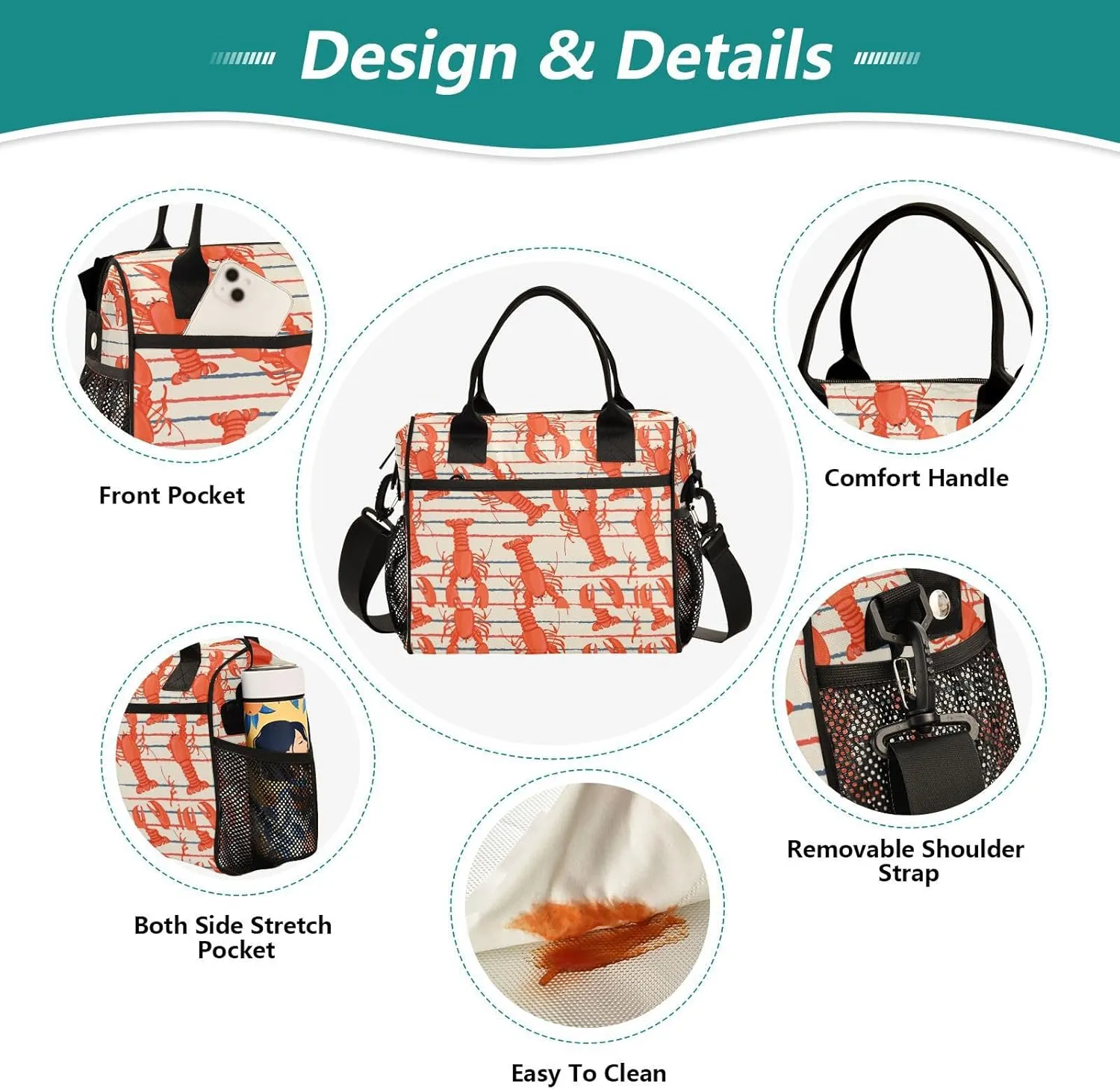 Vdsrup Seafood Lobster Lunch Bag for Men Women Lunch Box Tote for Work, Retro Lunchbox Cooler for Kids with Shoulder Strap & Side Pocket for Picnic Hiking Outdoor M