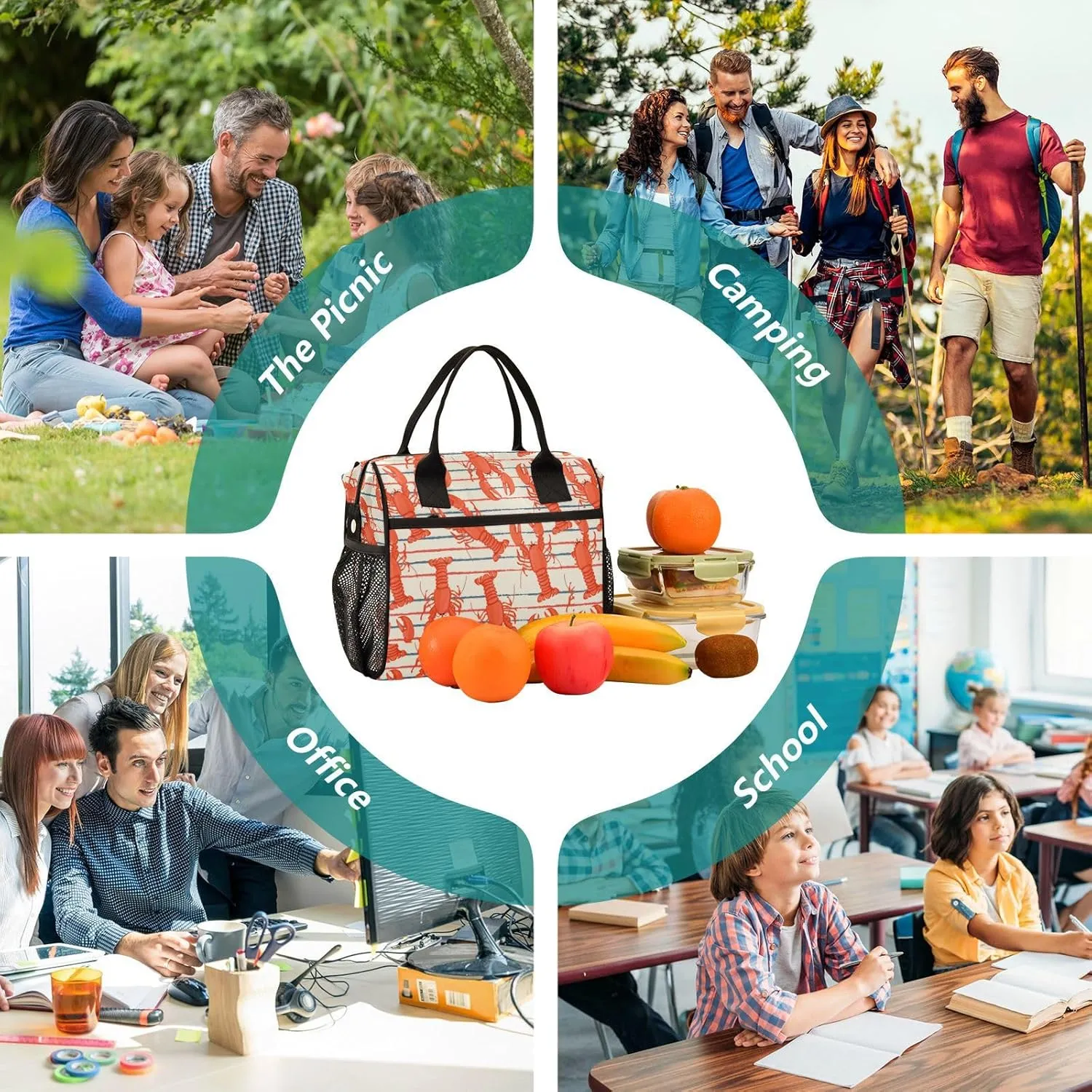 Vdsrup Seafood Lobster Lunch Bag for Men Women Lunch Box Tote for Work, Retro Lunchbox Cooler for Kids with Shoulder Strap & Side Pocket for Picnic Hiking Outdoor M