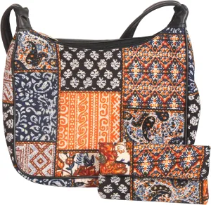 Vegan Leather Shoulder Bag Women Handbag Purse Organizer Cruelty Free Indian Handcrafted Cotton Fabric.