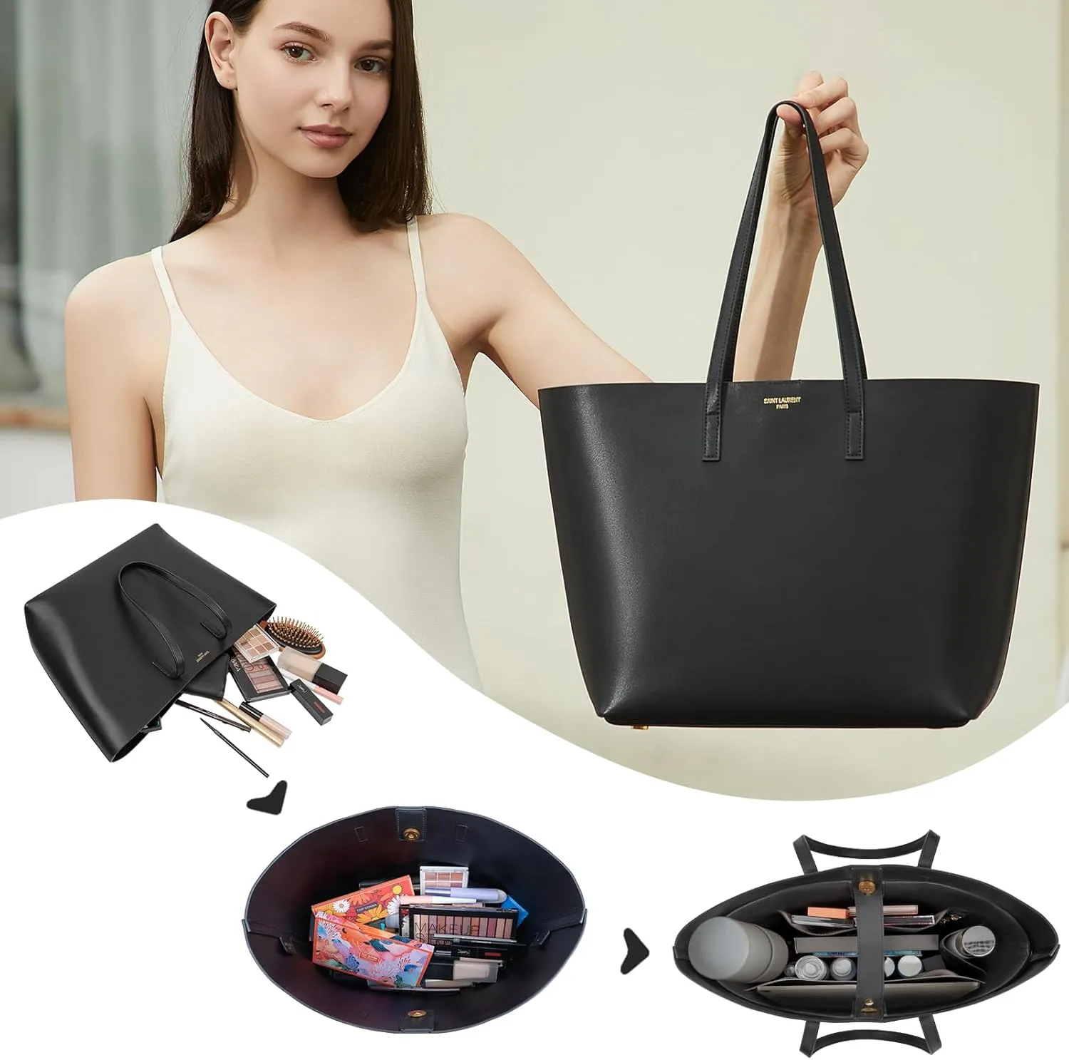 Vegan Leather Tote Bag Organizer Insert,Multi-Pocket Purse Organizers,with 15-Inch Laptop Compatible with Saint Laurent Tote E/W、LV Neverfull MM and More(SL)