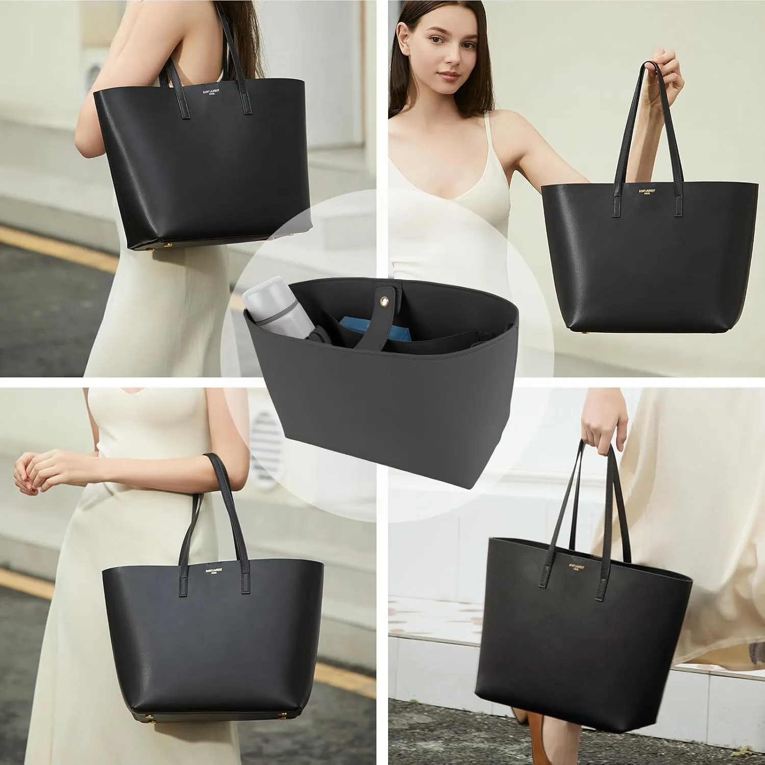 Vegan Leather Tote Bag Organizer Insert,Multi-Pocket Purse Organizers,with 15-Inch Laptop Compatible with Saint Laurent Tote E/W、LV Neverfull MM and More(SL)