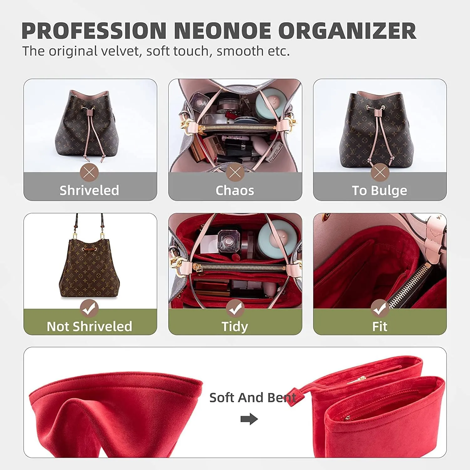 Velvet 2 Packs Purse Organizer Women's Handbag Organizers Bag Organizer Insert Purse Organizer for LV NeoNoe Noé Series (BROWN)