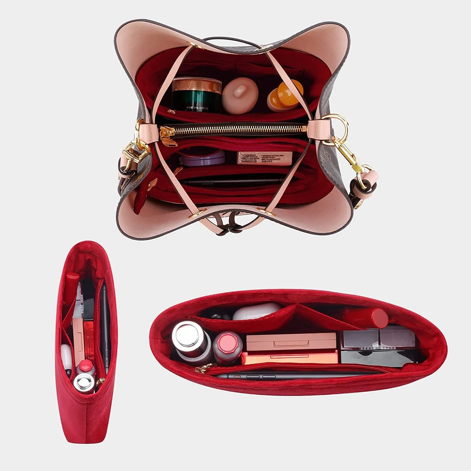 Velvet 2 Packs Purse Organizer Women's Handbag Organizers Bag Organizer Insert Purse Organizer for LV NeoNoe Noé Series (RED)