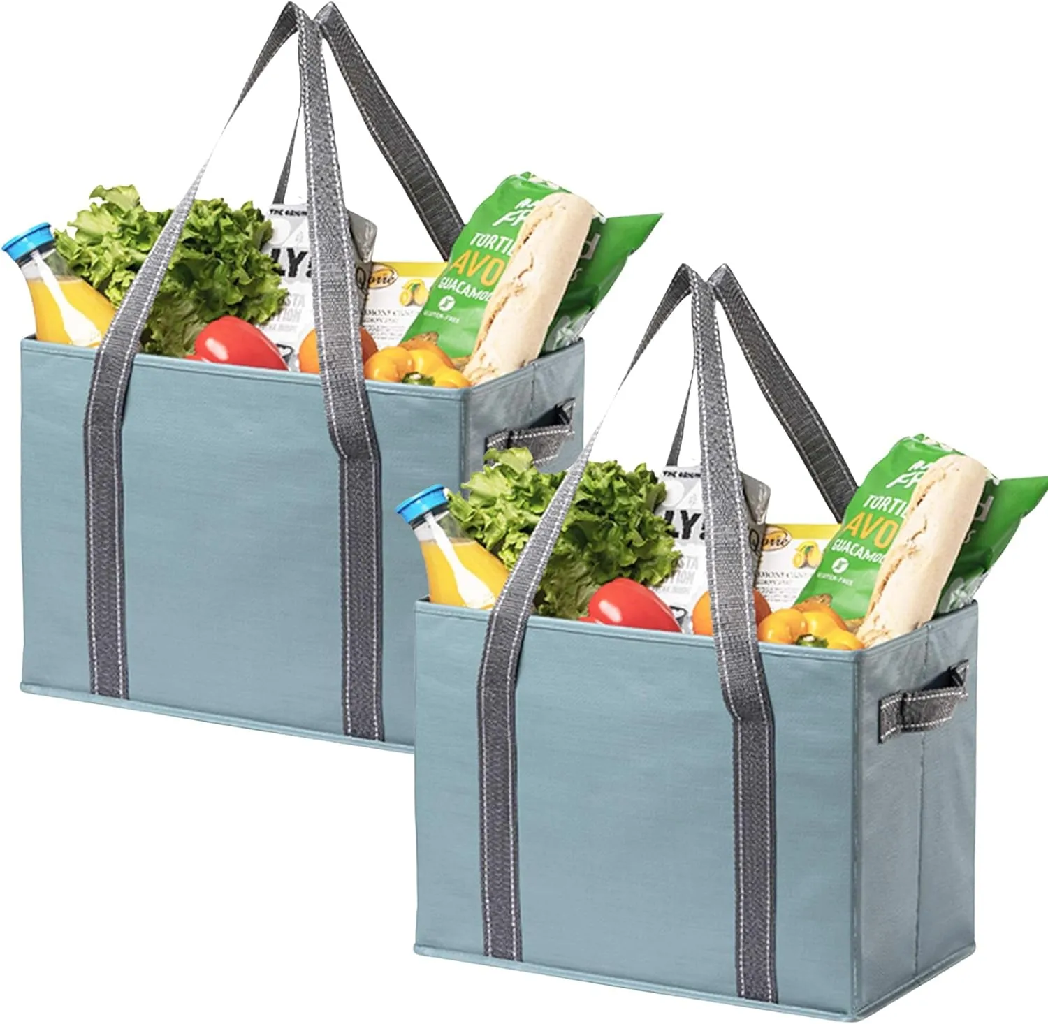 VENO 2 Pack 8 Gallon Reusable Grocery Bags, Extra Large Shopping Bags for groceries, Utility Tote with Handles and Hard Bottom, Foldable Cart Organizer, Water Resistant, Heavy-Duty (Light Blue)